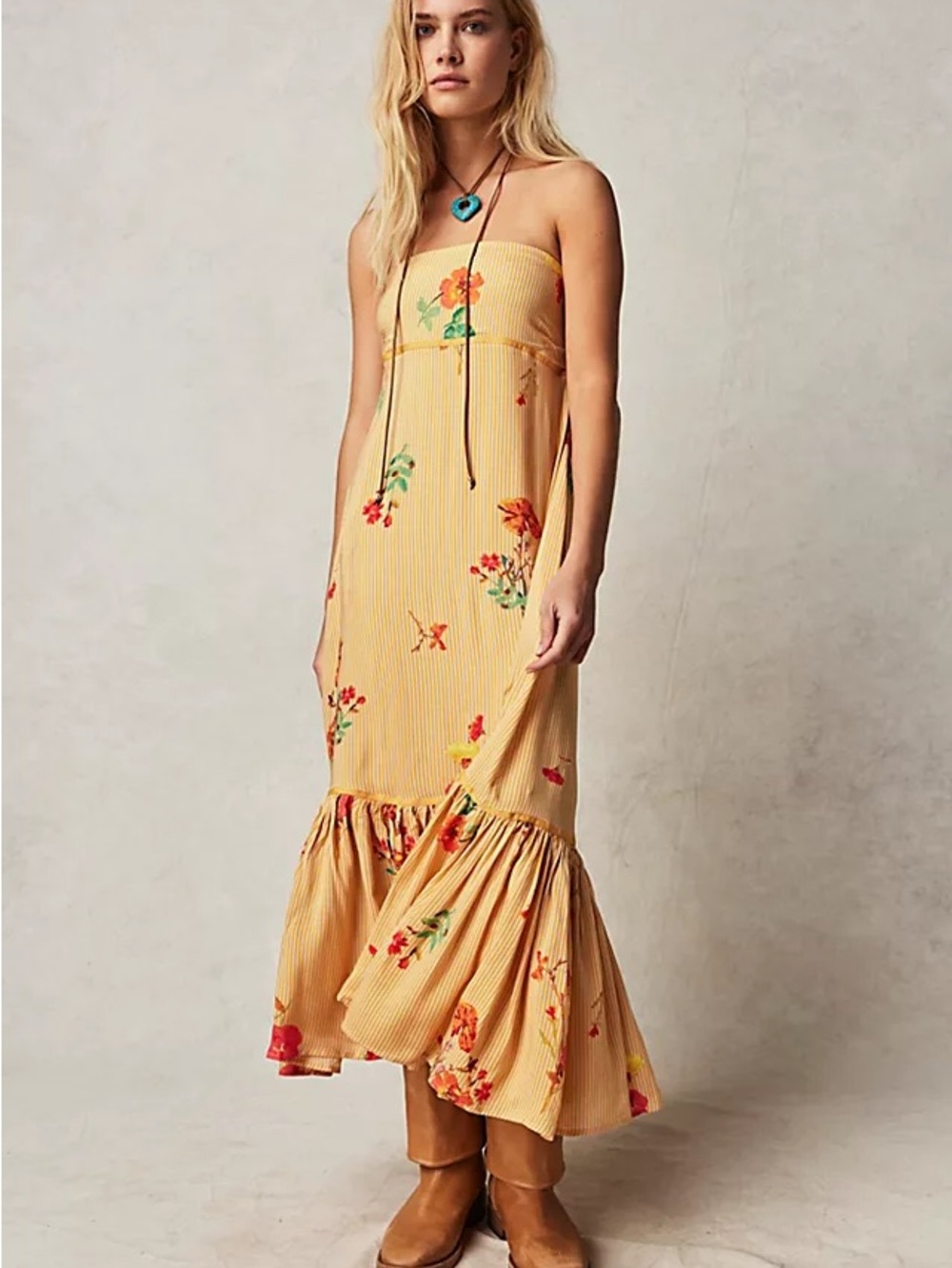 Free People Strapless Yellow Floral Ruffle-Hem Midi Dress XL
